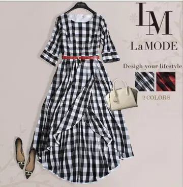 La MODE 깅엄 체크 비대칭 맥시 길이 원피스