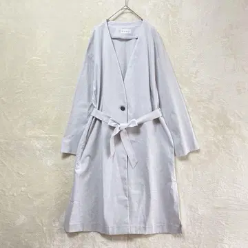 PLST/얇은 소재 롱 코트/M/노카라 허리 리본 블루 그레이
