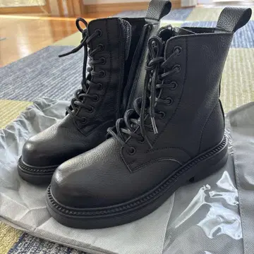블랙 레이스업 워크 부츠 23.5cm 천연 가죽