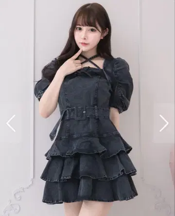 pium 티어드 프릴 미니 원피스 데님 블랙