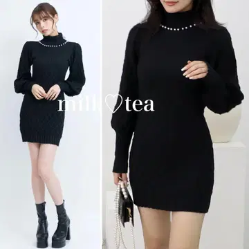 택 포함 새상품 로얄 파티 펄넥 타이트 니트 미니 원피스 블랙