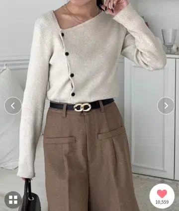 제본 Thevon 아지메 넥 버튼 리브 니트 아이보리 가디건