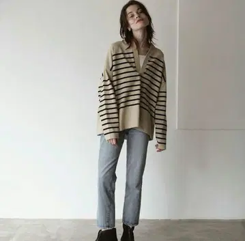 CLANE 와이드 헨리넥 보더 상의 풀오버