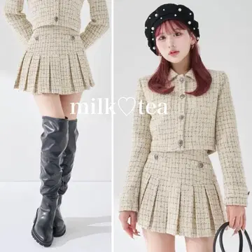 택 포함 새상품 다리치 트위드 체크 플리츠 미니 스커트 아이보리 M