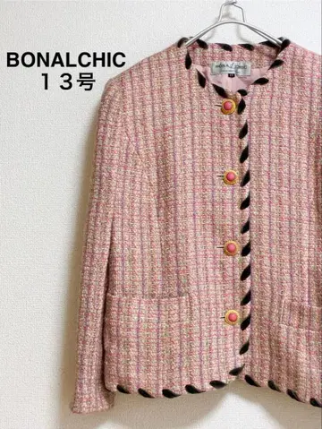 BONALCHIC 노카라 트위드 자켓 13호 핑크 계열 골드 버튼