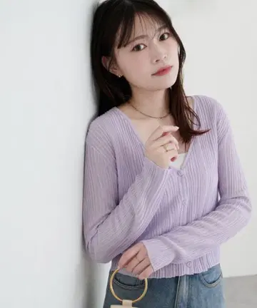 바늘 빼기 리브 시어 V넥 가디건
