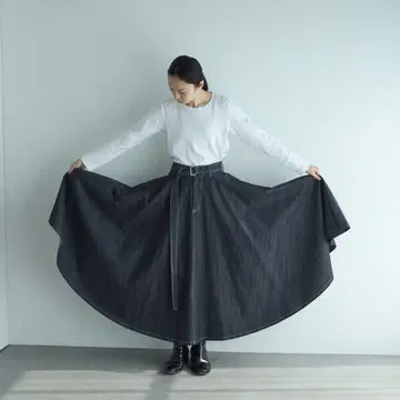 foufou 데님 슈퍼 플레어 데님 스커트 벨트 포함