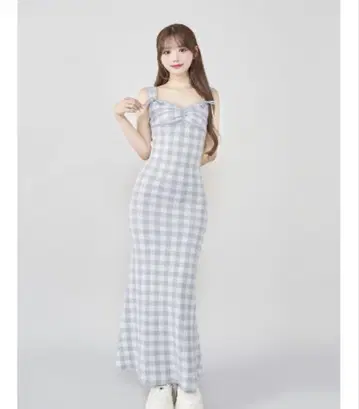 다리치 깅엄 자카드 니트 롱 원피스