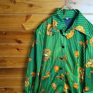 롱 원피스 그린 오렌지 장미 장미 스트라이프 레트로 빈티지