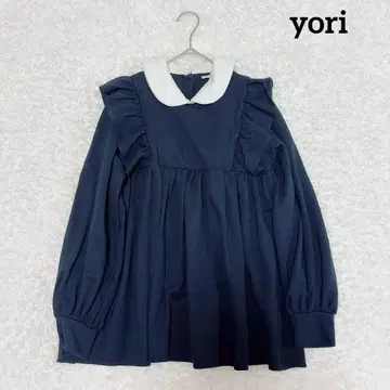새상품급 yori 카라 부착 프릴 블라우스 긴팔 볼륨 슬리브 네이비
