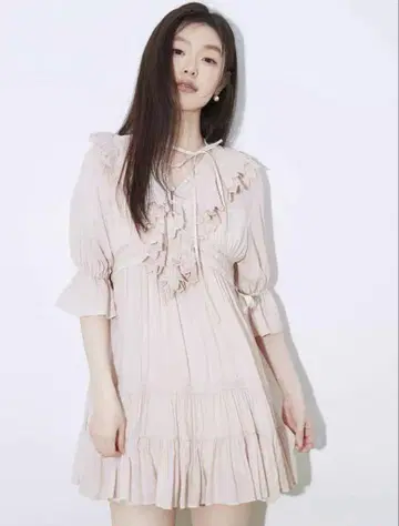 베이지 프릴 옷깃 반팔, 7부 소매 원피스