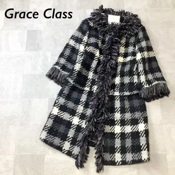 Grace Class 노카라 프린지 울 체크 코트 블랙