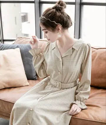 유메텐보 디자인 버튼 오픈 카라 셔츠 원피스 베이지 계열