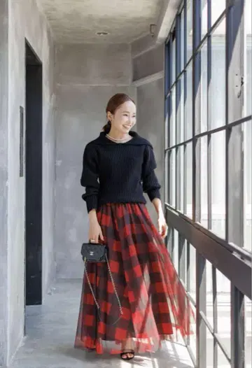 Bluelea 블록 체크 샤샤 스커트 빨간색 블랙