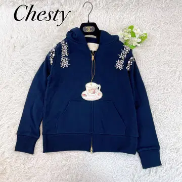 [ 새상품 택 포함 ] chesty 비쥬 풀 집업 후드티 네이비 꽃무늬