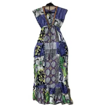 [ 개성파 ] 에스닉 패치워크 패턴 맥시 길이 원피스 컬러풀 비즈 장식