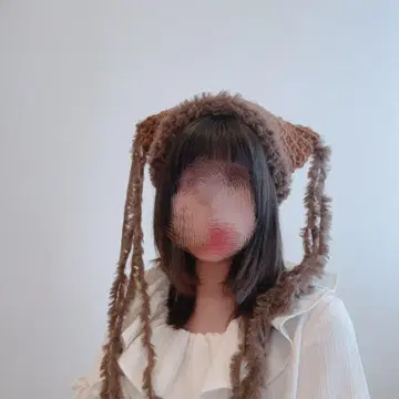 브라운 고양이 귀 리본 탈부착 가능 겨울 코디 니트 모자 보닛 후드