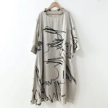 메이풍 아트 디자인 원피스 올 패턴 베이지 린넨 38