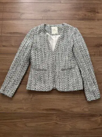 BIMING 노카라 자켓 S 화이트 블랙 트위드