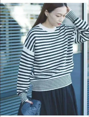 BEAMS BOY 7 게이지 보더 크루넥 울 니트 스웨터