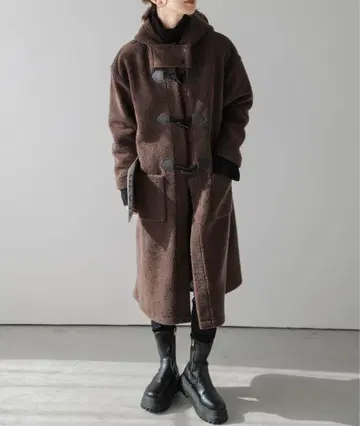 AMELY 보아 더플 롱 코트 브라운