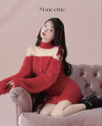 엠미에메 백리본 샤기 니트 미니 원피스 빨간색