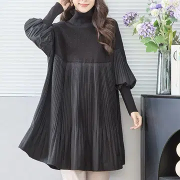 [블랙] TRUBE 큐빅 장식 니트 플리츠 튜닉