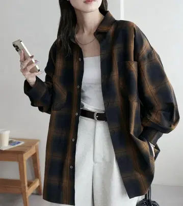 옴브레 체크 오버 셔츠 브라운
