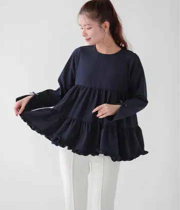 fitmore 슬릿 슬리브 밑단 프릴 티어드 블라우스 네이비