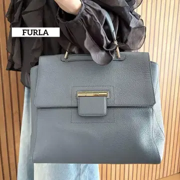 FURLA 블루 그레이 가죽 핸드백 숄더 스트랩 포함