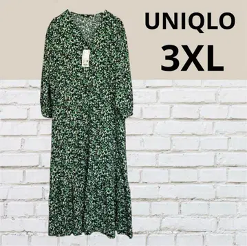 프린트 V넥 플레어 원피스 7부 소매 꽃무늬 유니클로 그린