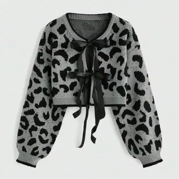 레오파드 무늬 그레이 니트 스웨터 가디건