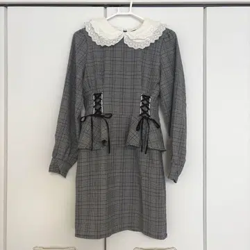 Ank Rouge 체크 무늬 레이스 옷깃 원피스 체크 원피스