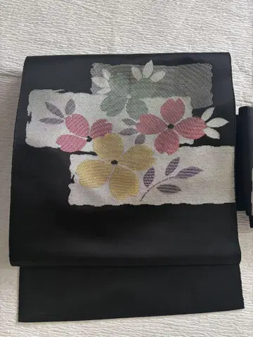 순수 실크 오비(약 24cm) 나고야 오비 블랙 실버 꽃무늬