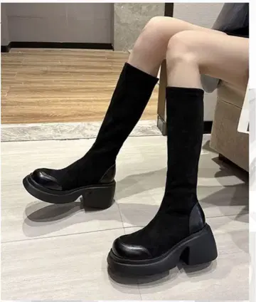 통굽 스웨이드 롱 부츠 블랙