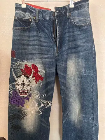 카라쿠리타마시 청바지 36인치 인디고 꽃무늬 자수 반야 얼굴 일본풍 패턴