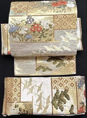 학, 소나무, 국화, 창포 순수 실크 후쿠로 오비 이중 북 만들기 오비