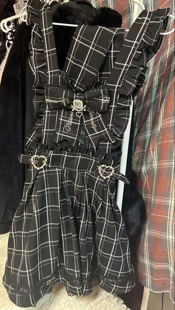 LIZLISA 블랙 체크 서스펜더 드레스