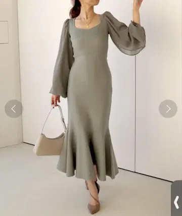 로얄 파티 시어 슬리브 머메이드 원피스 (카키)