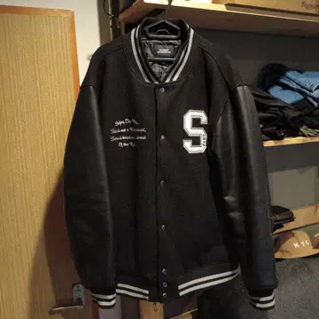 바시티 자켓 블랙 울 가죽