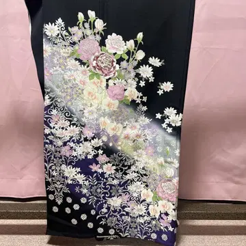 토메소데 블랙 토메소데 순수 실크 꽃무늬 단의