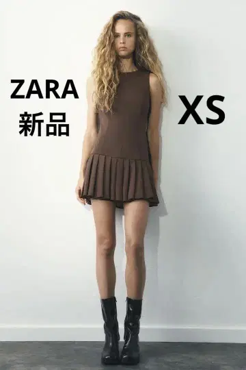 ZARA 브라운 슬리브리스 박스 플리츠 미니 원피스 XS