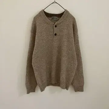 헨리넥 니트 스웨터 싸개 버튼 울 100% 베이지