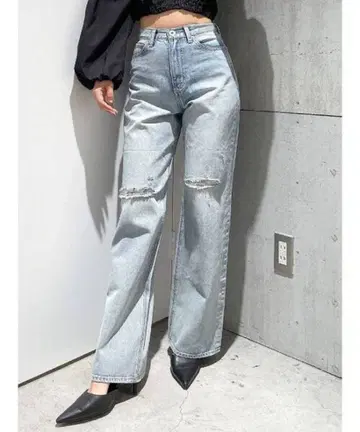 GYDA 하이웨스트 데미지 와이드 데님 팬츠