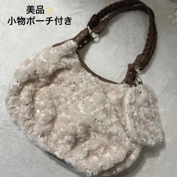 새상품급 장미 복슬복슬 퍼 백 잡화 파우치 포함 아이보리 모리걸 y2k