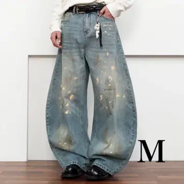 배기 데님 와이드 타입 스플래터 워시 디자인 루즈핏 M