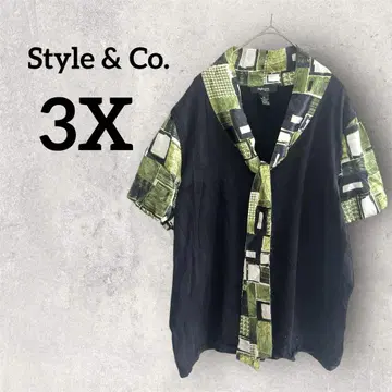Style & Co. [ 3X ] 반팔 상의 블랙과 그린의 기하학 패턴