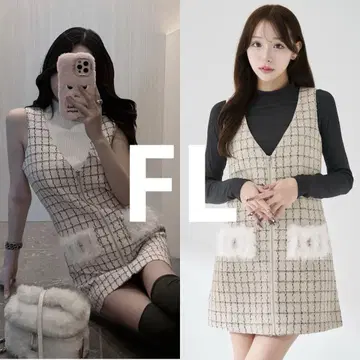 다리치 프론트 지퍼 트위드 미니 원피스