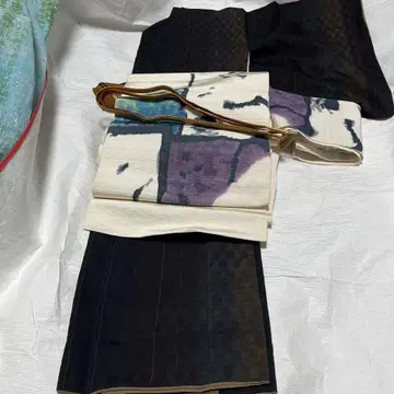 츠무기 4점 (기모노, 오비, 오비 장식 천, 허리띠) 세트