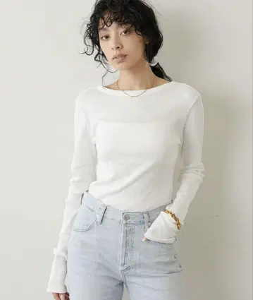 윔 가젯 V백 샹텔 골지 리브 티셔츠 화이트